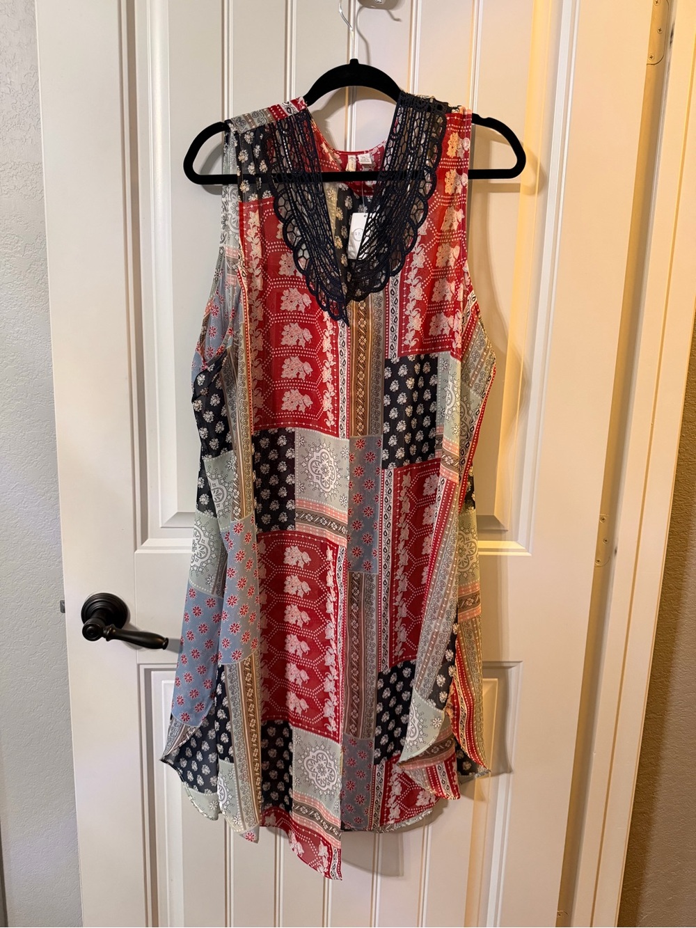 C Multicolor Patchwork Tank with Black Crochet Trim